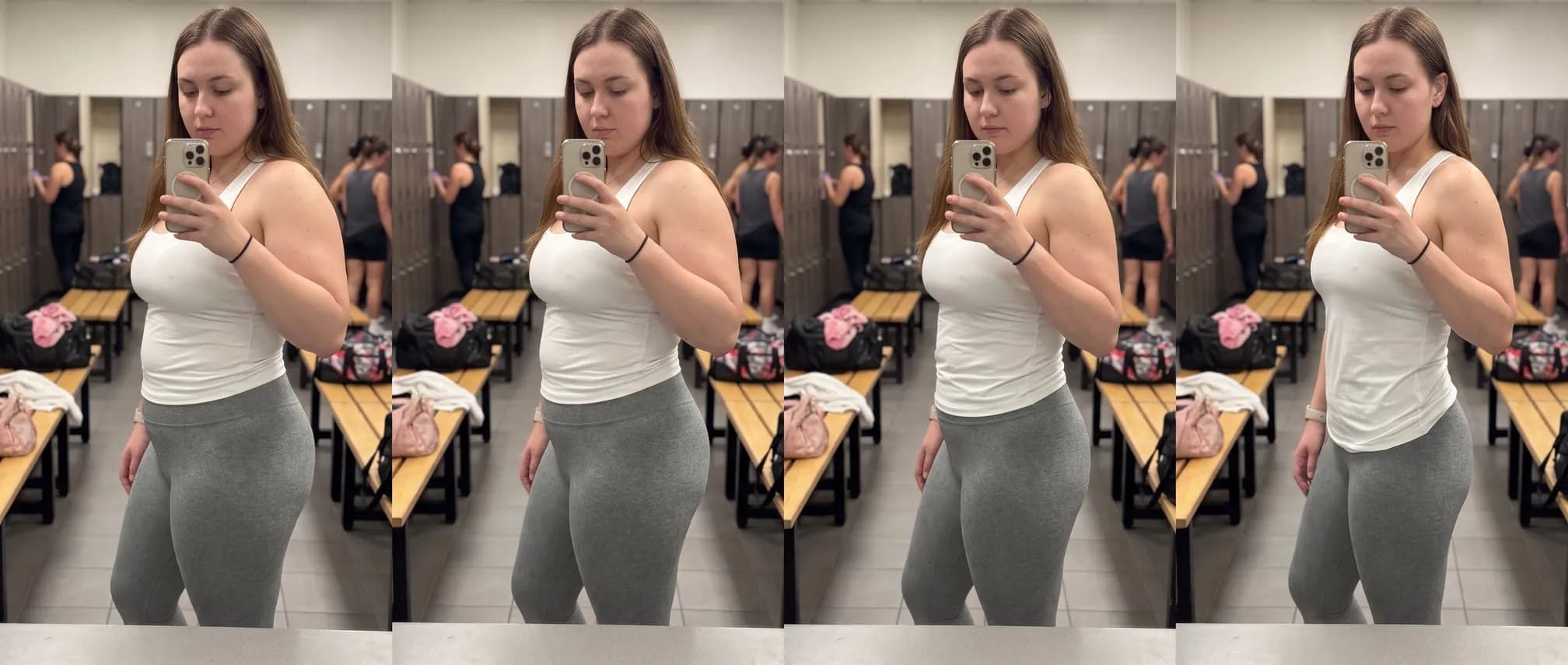AI 12-month progress timeline of a woman: Month 1, 3, 6 and 12